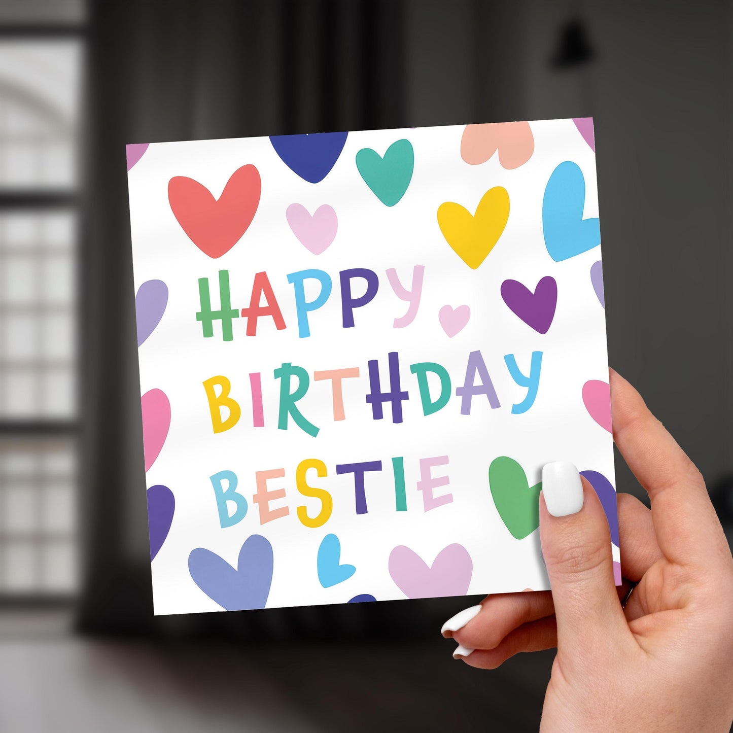 Happy Birthday Bestie Card: Rainbow Heart Design, Personalizable