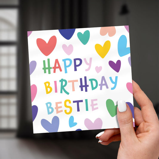 Happy Birthday Bestie Card: Rainbow Heart Design, Personalizable