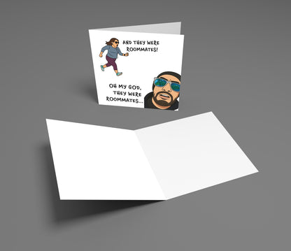 Greeting card with cartoon illustration and text on a gray background
