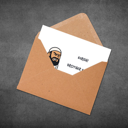 Open brown envelope with a white card featuring a cartoon character and text on a gray background