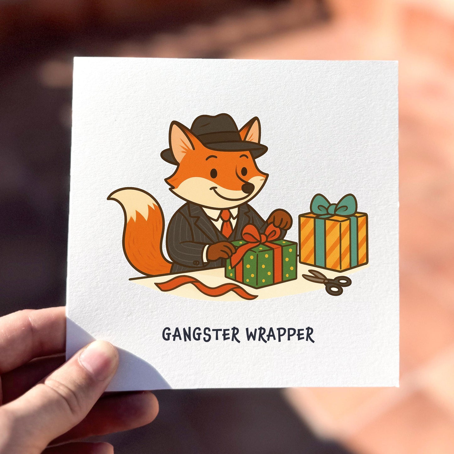 Funny Fox Christmas Card: Gangster Wrapper Pun Holiday Card