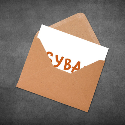 Brown envelope with a white card inside displaying 'BYBA' on a dark gray background