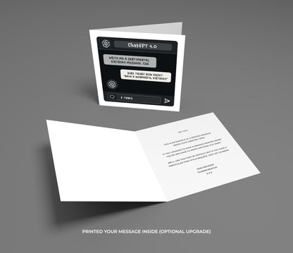Greeting card with ChatGPT interface design on a gray background