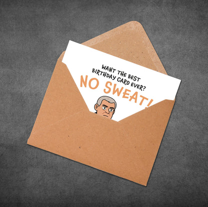 Birthday card with humorous text and cartoon character in an open brown envelope on a dark background
