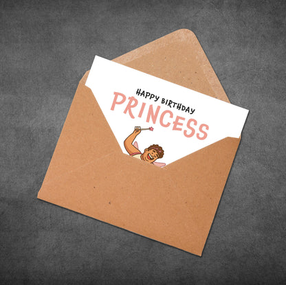 Greeting card with 'Happy Birthday Princess' text and illustration in an open brown envelope on a dark background