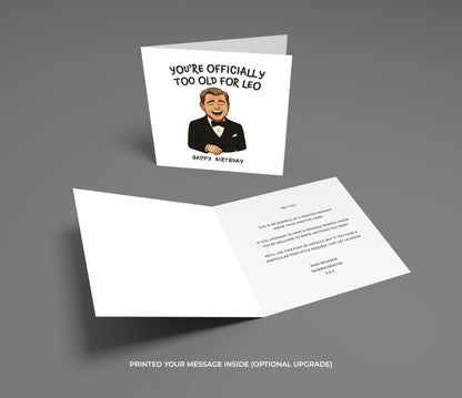 Birthday card with a humorous illustration of a man and text on a gray background