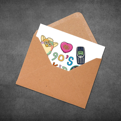 Card with '90s Wild' design in an open brown envelope on a dark gray background