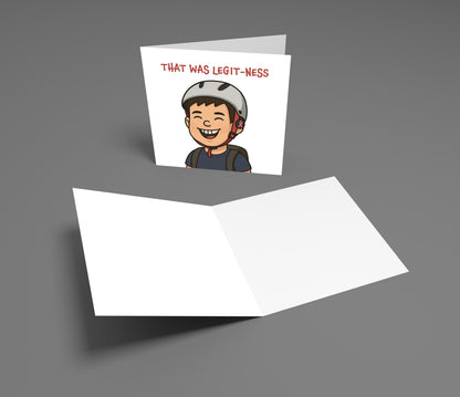 Greeting card with a cartoon character and text on a gray background