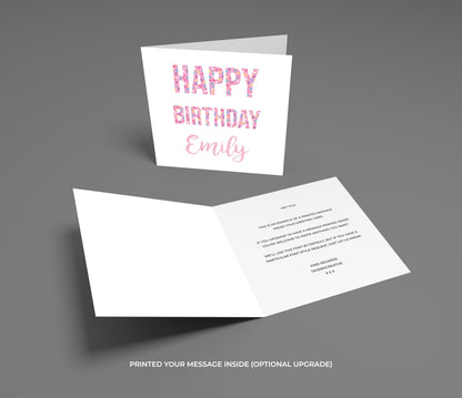Birthday card with 'Happy Birthday Emily' text on a gray background