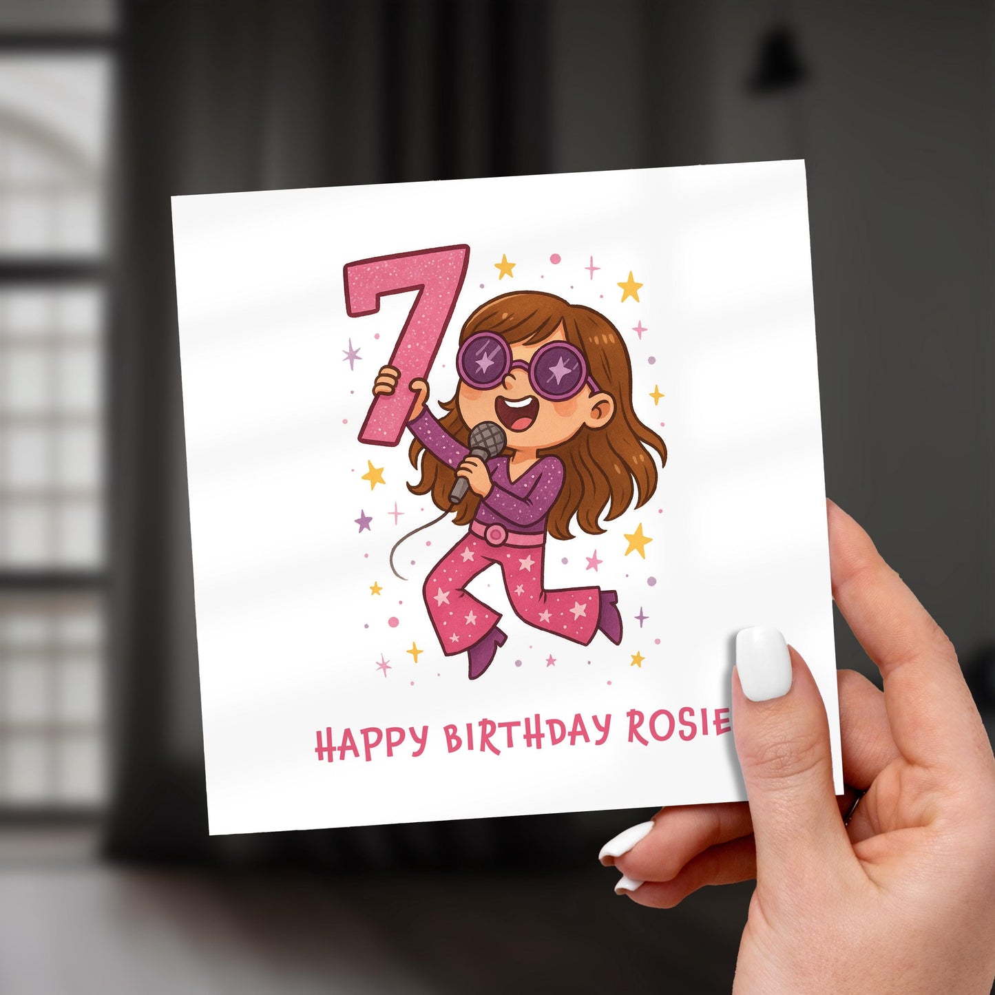 Personalized Popstar 7th Birthday Card for Girl: Pink Glitter Music Theme
