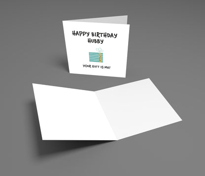 Birthday card for a husband with text and a gift icon on a gray background