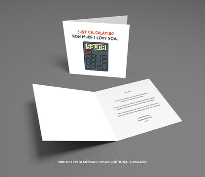 Greeting card with calculator graphic and text on a gray background
