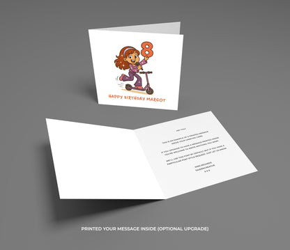 Birthday card with cartoon character and envelope on a gray background