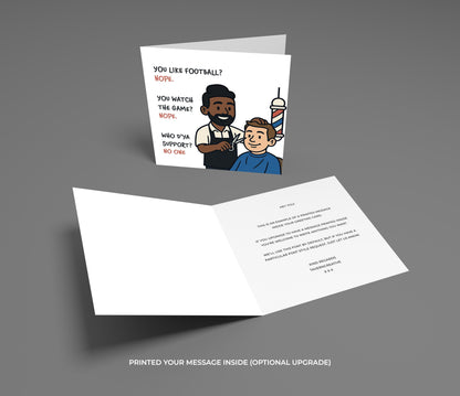 Card with illustration of a barber and customer, featuring text about football, on a gray background.