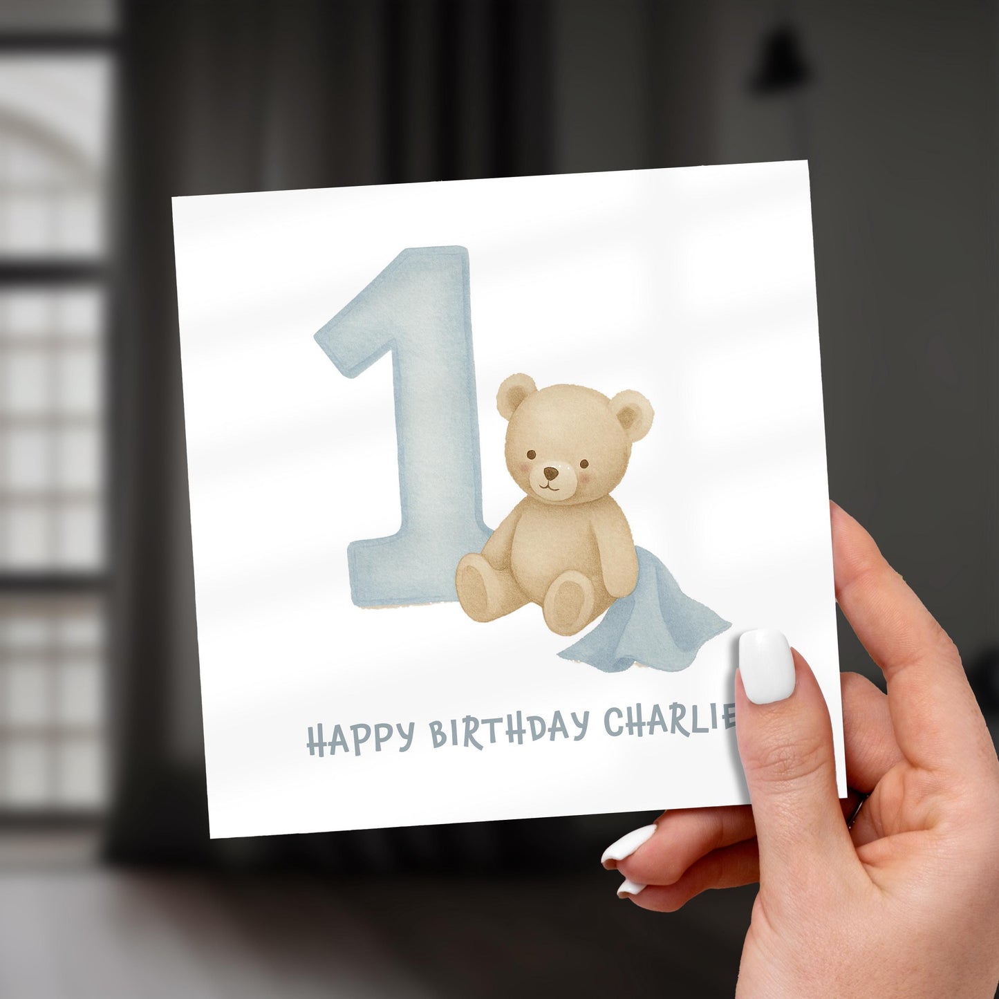 1st Birthday Card for Boy, Personalised Baby Card, Cute Bear Birthday Card, Birthday Card for Son, Blue Teddy Birthday Card, Baby Boy Card