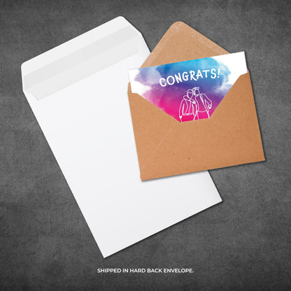Greeting card with 'Congrats!' text in a brown envelope on a gray background