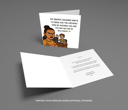 Animated birthday card with a humorous illustration of a graphic designer and a boss, on a gray background.