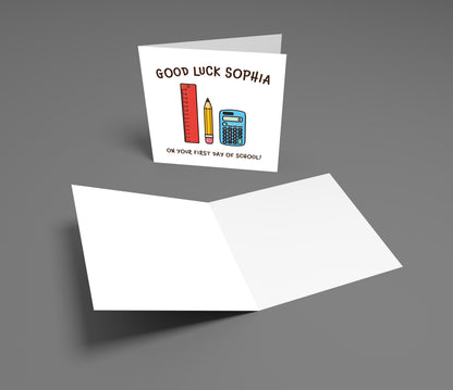 Greeting card with school-themed items and text on a gray background