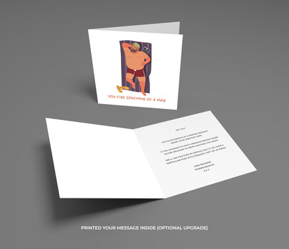 Greeting card with illustration and open card showing text on a gray background