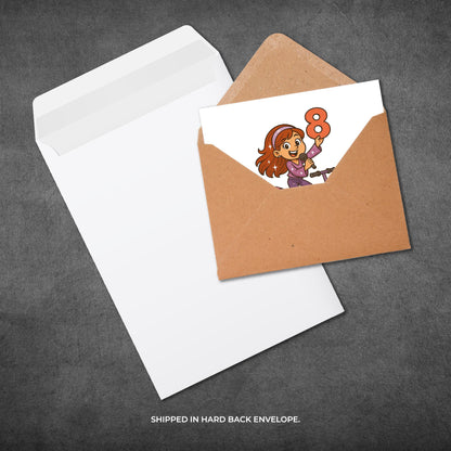 Card with a cartoon character holding an '8' in a brown envelope on a gray background