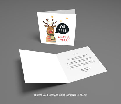 Greeting card with a reindeer illustration and text on a gray background