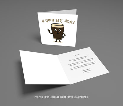 Birthday card with a cartoon cup and 'Happy Birthday' text on a gray background