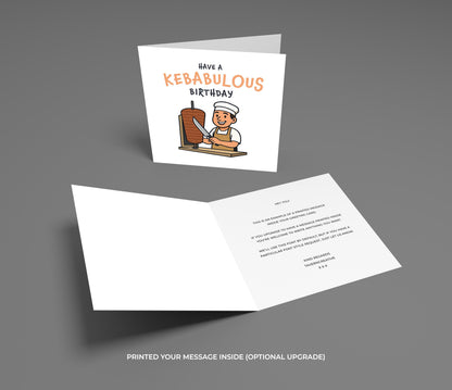 Birthday card with a kebab-themed illustration on a gray background