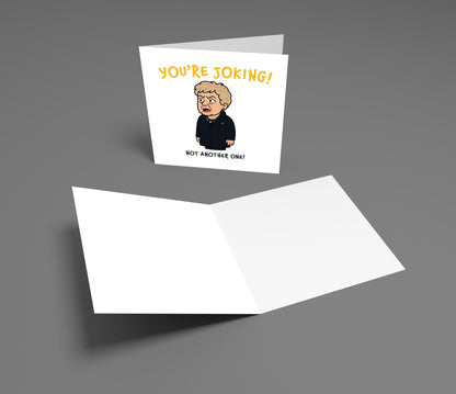 Greeting card with a cartoon character and text on a gray background