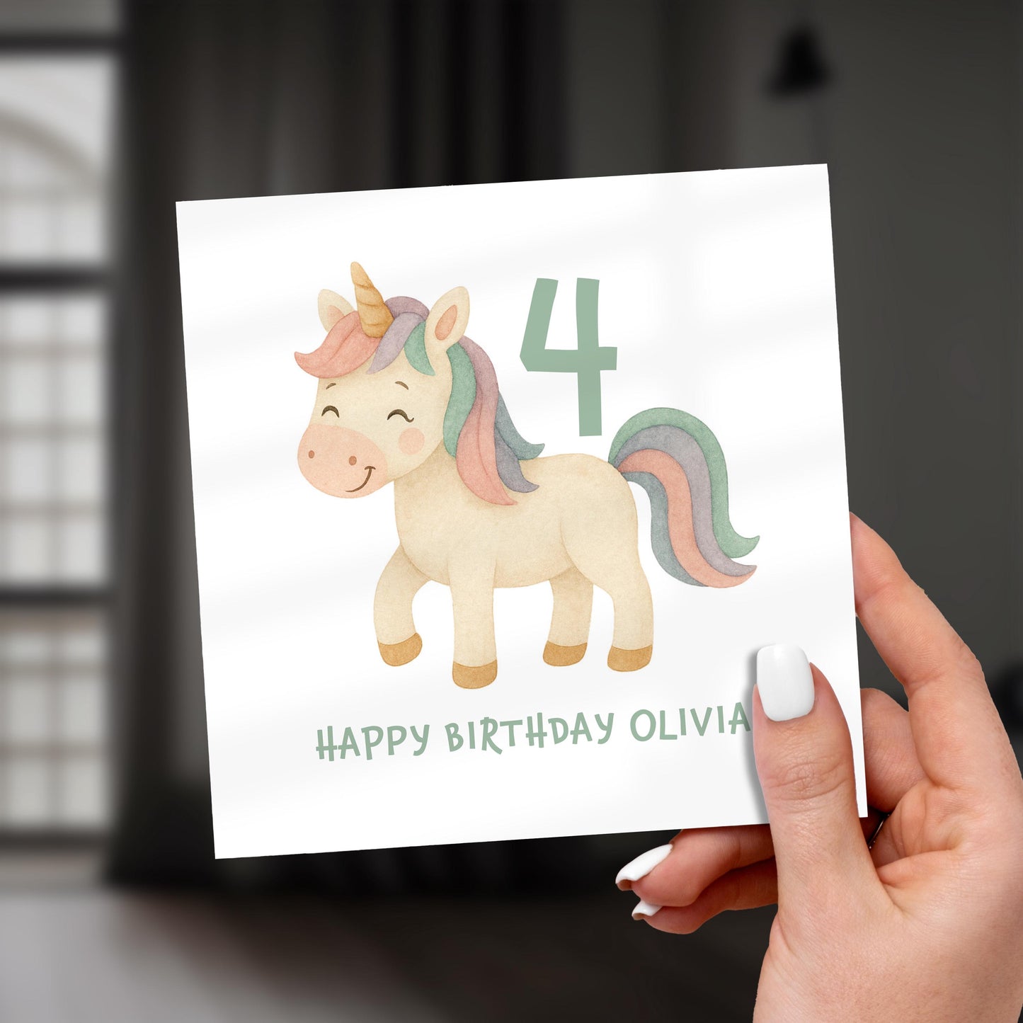 Personalized Unicorn 4th Birthday Card: Rainbow Card for Girl