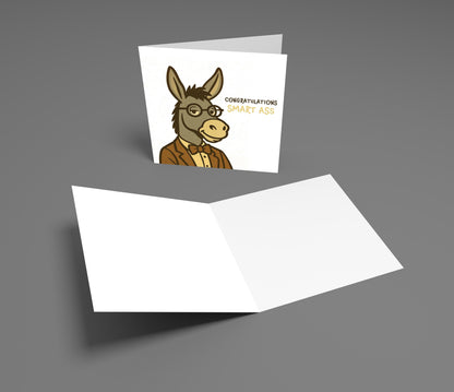 Greeting card with a donkey wearing glasses and a suit, on a gray background