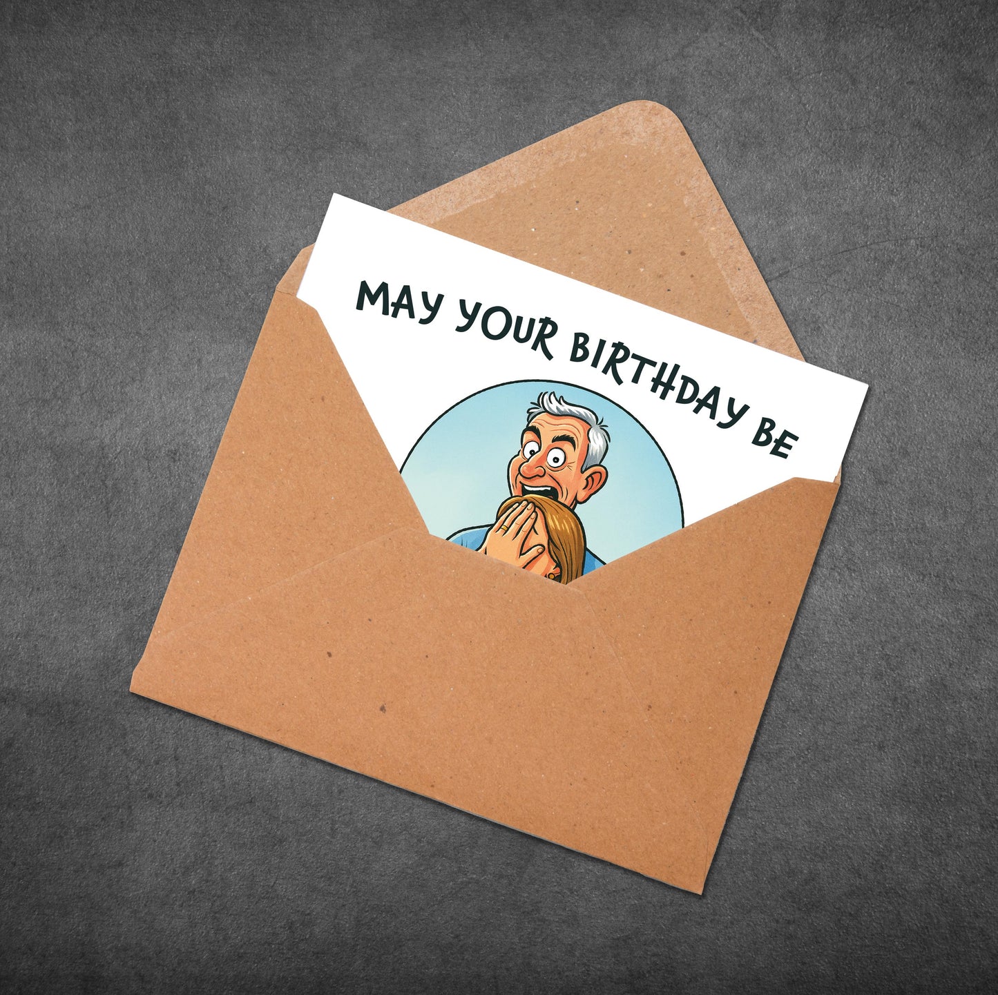 Cartoon birthday card with text 'May your birthday be' inside an open brown envelope on a dark gray background.
