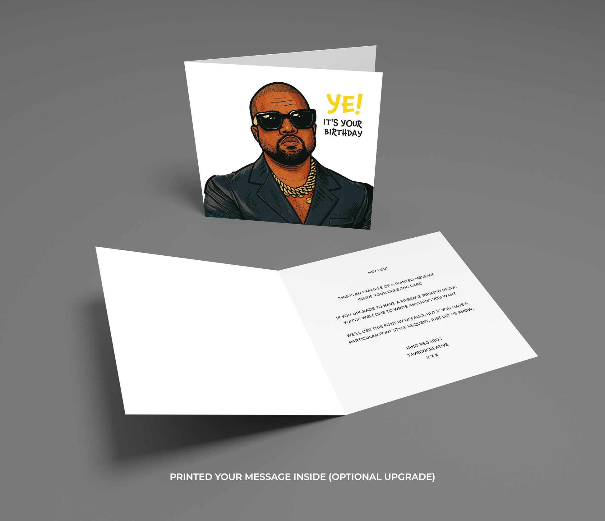 Greeting card with a person wearing sunglasses and text 'YE! IT'S YOUR BIRTHDAY' on a gray background.