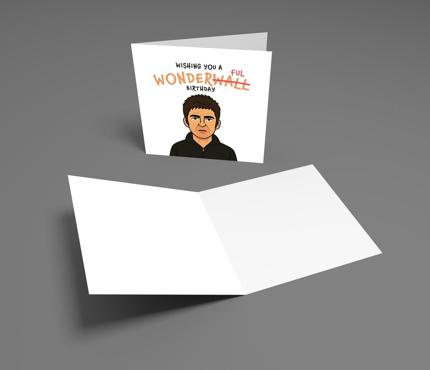 Greeting card with a person's face and text 'Wishing you a wonderful birthday' on a gray background