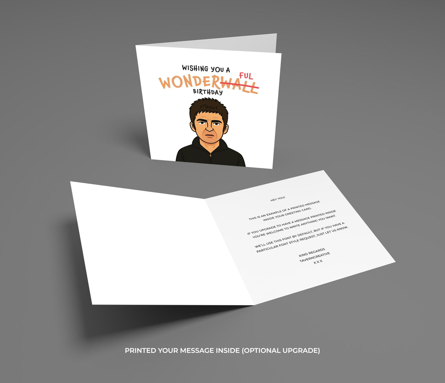 Greeting card with a printed message on a gray background