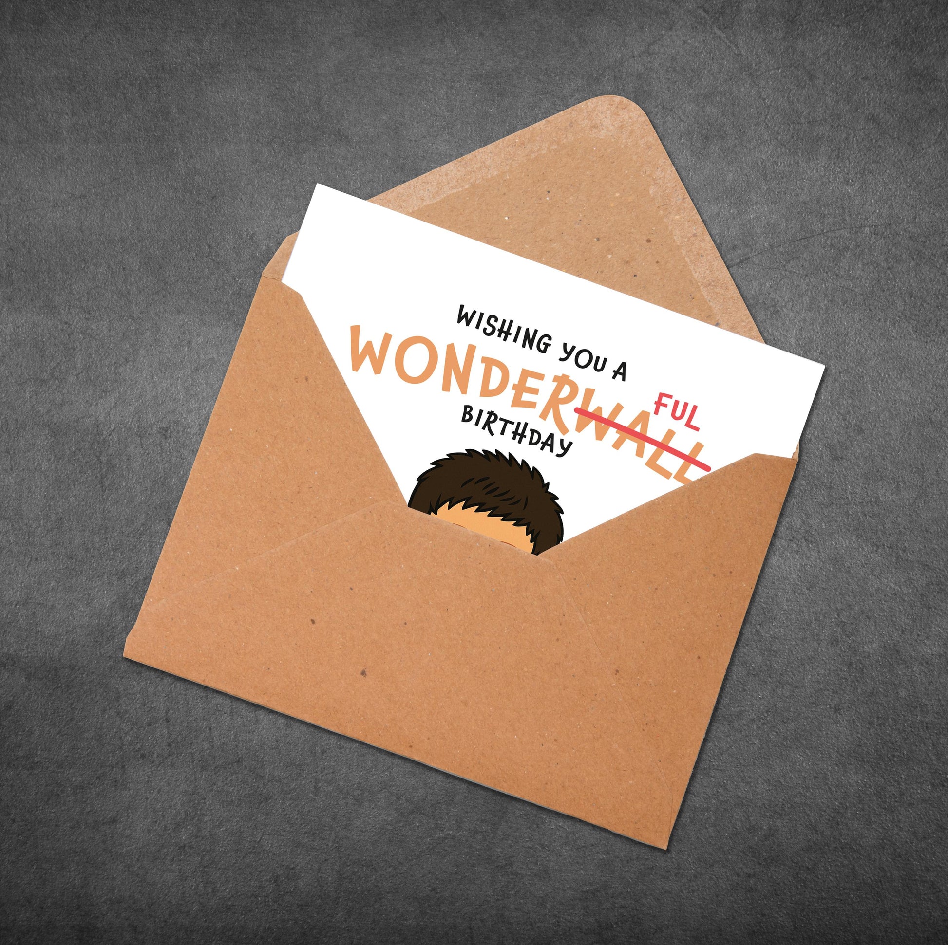 Greeting card with 'Wishing you a wonderful birthday' text and illustration of a person, inside an open brown envelope on a dark gray background.