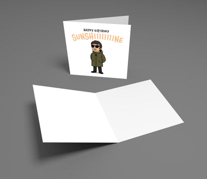Birthday card with a character wearing sunglasses and a coat, on a gray background