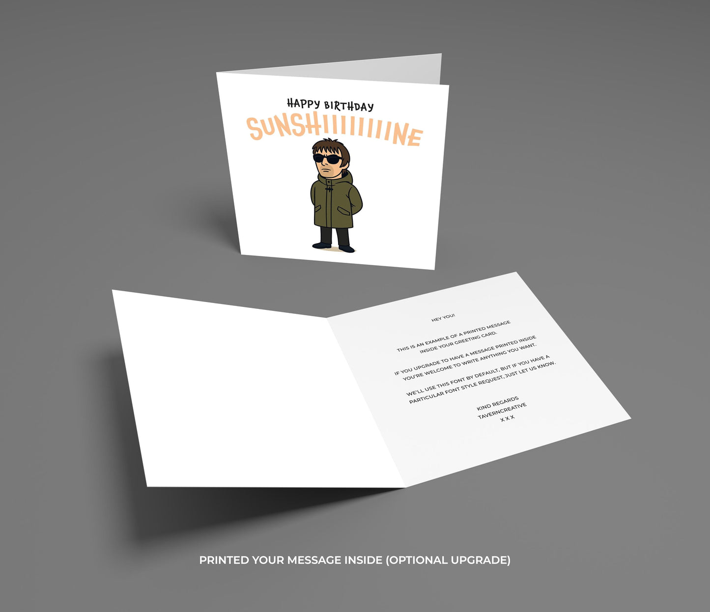 Birthday card with a character wearing sunglasses and a coat, on a gray background.