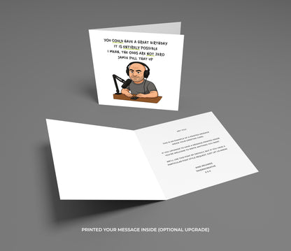 Greeting card with a cartoon character and humorous text on a gray background