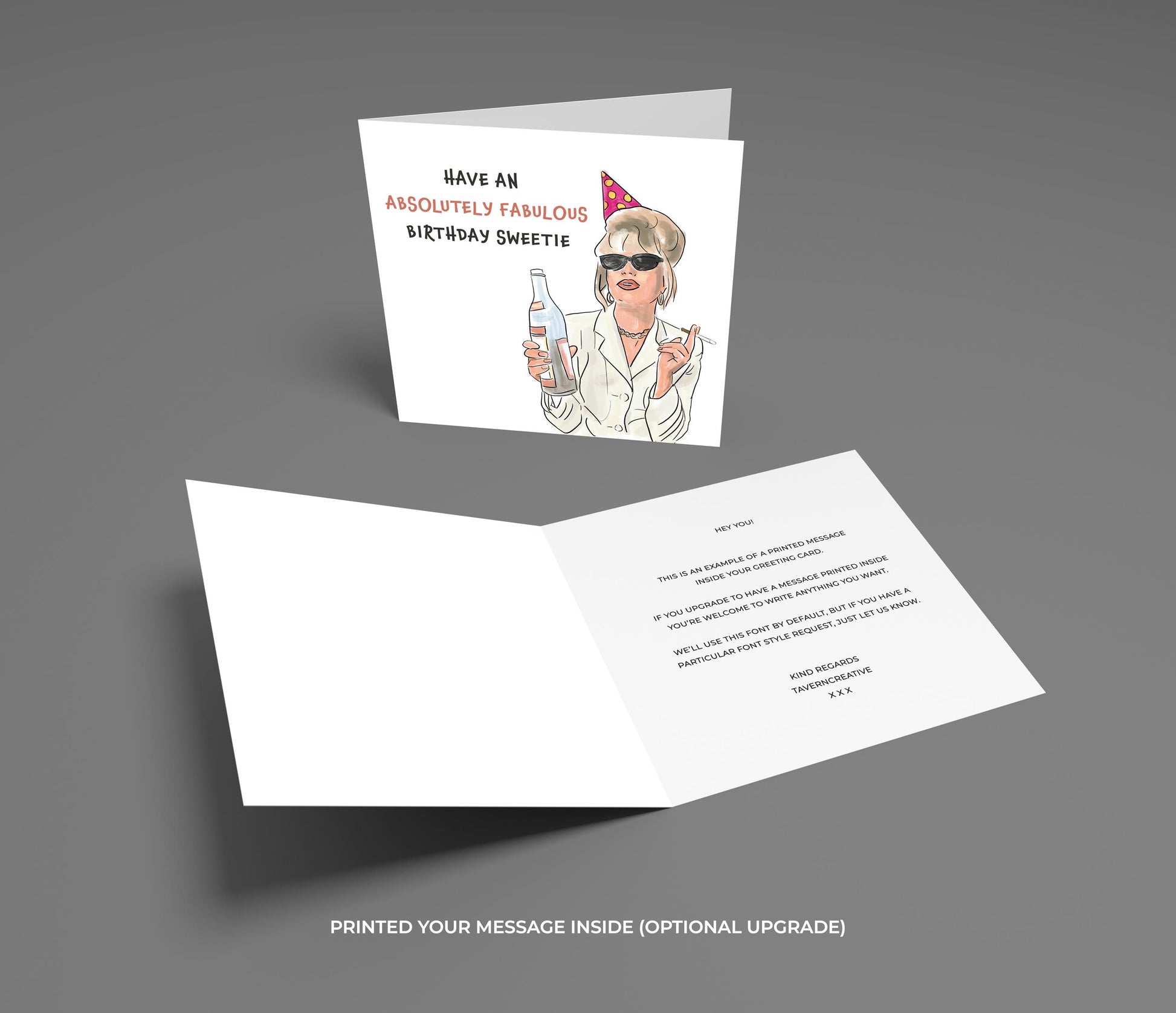 Birthday card with illustration of a woman in sunglasses and party hat, open to show text inside on a gray background.