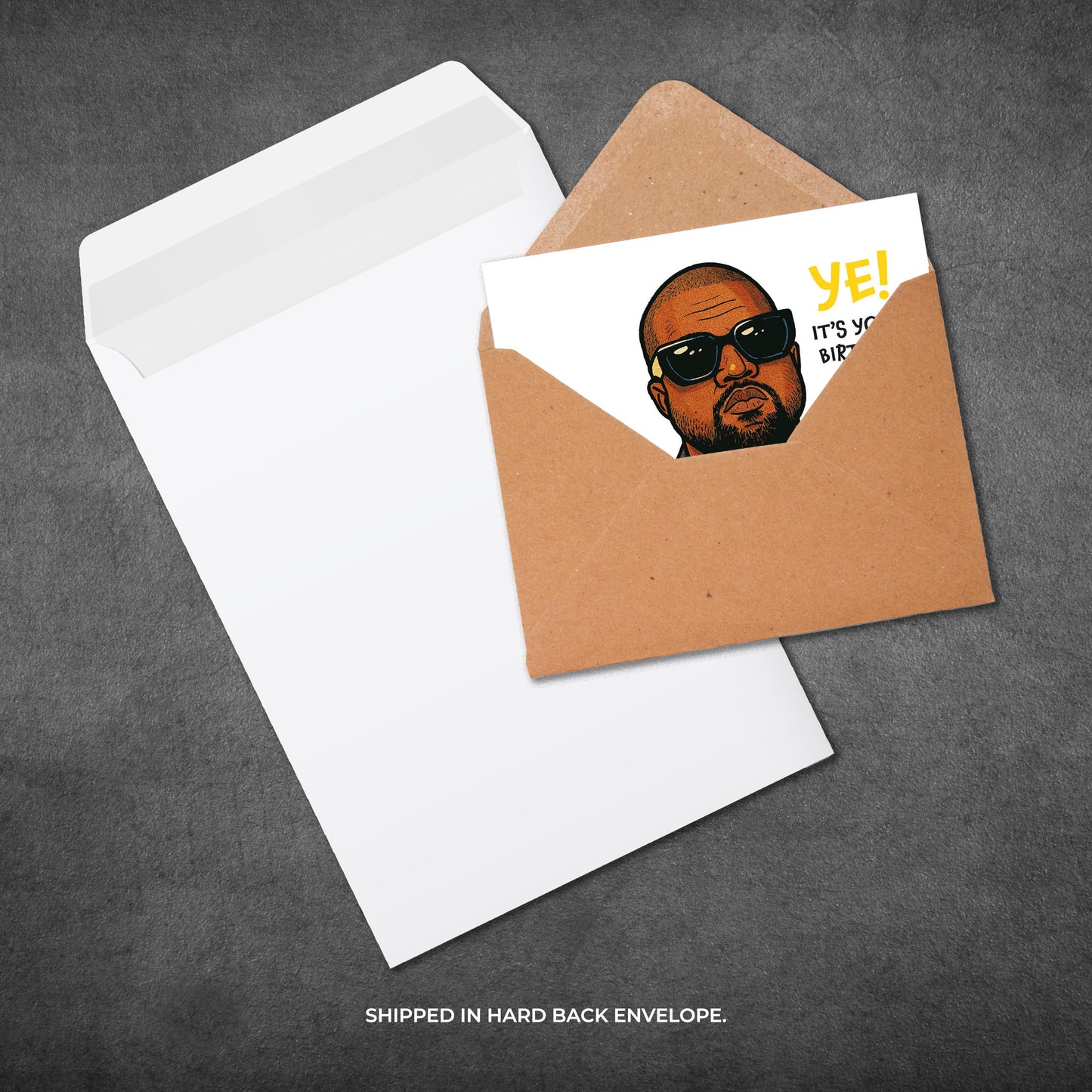 Card with a graphic of a person and text 'YE! It's your birthday' in a brown envelope on a gray background.