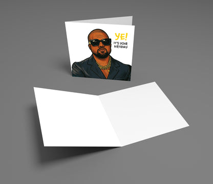 Greeting card with a person wearing sunglasses and text on a gray background