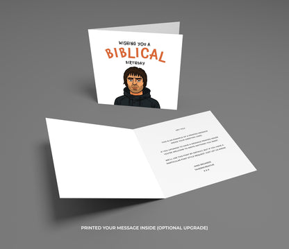 Greeting card with a humorous design and open card showing text on a gray background