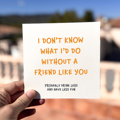 Square greeting card held outdoors in bright natural light. The card reads in bold orange text: “I DON’T KNOW WHAT I’D DO WITHOUT A FRIEND LIKE YOU,” with smaller black text below saying “PROBABLY DRINK LESS AND HAVE LESS FUN.” Background shows a soft blur of terracotta rooftops and blue sky.